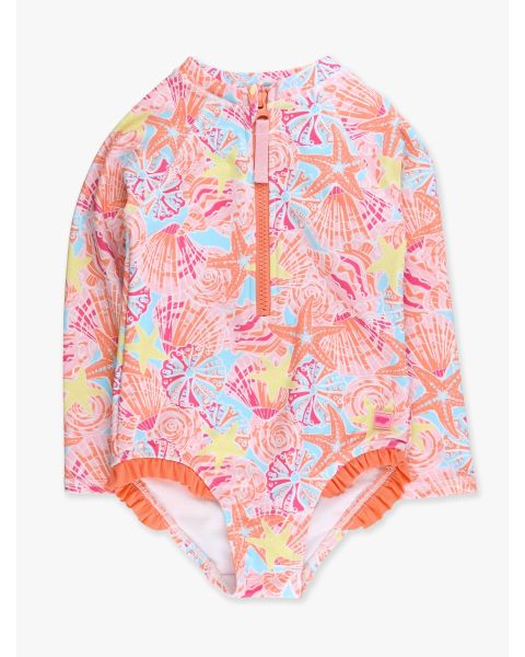 Sunset Seashells Long Sleeve Zipper One Piece Rash Guard Swimsuit