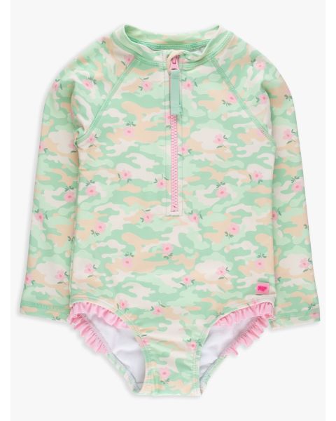Sage Blossom Camo Long Sleeve Zipper One Piece Rash Guard Swimsuit