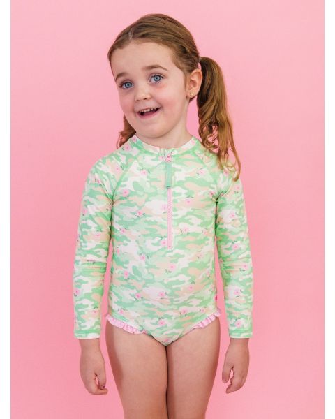 Sage Blossom Camo Long Sleeve Zipper One Piece Rash Guard Swimsuit