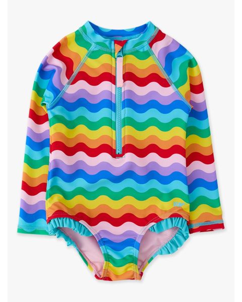 Rainbow Wavy Stripe Long Sleeve Zipper Rash Guard One Piece Swimsuit