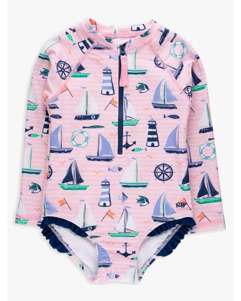 Pink Sweet Sails Long Sleeve Zipper Rash Guard One Piece Swimsuit
