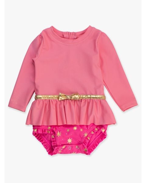 Royal Pink Princess Long Sleeve Bow Skirted One Piece Swimsuit