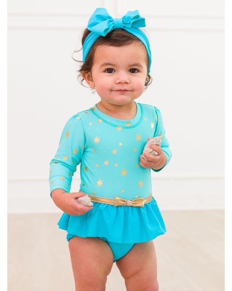 Teal Golden Princess Long Sleeve Bow Skirted One Piece Swimsuit