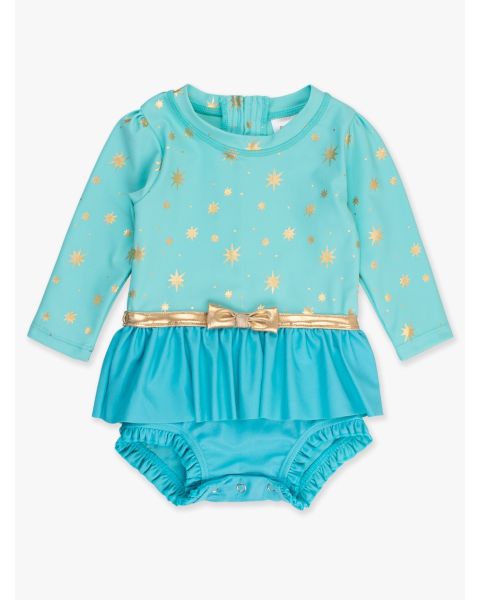 Teal Golden Princess Long Sleeve Bow Skirted One Piece Swimsuit