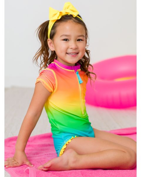 Neon Sunset Girls Short Sleeve One Piece Rash Guard