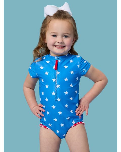 Shimmer Stars & Stripes Girls Short Sleeve One Piece Rash Guard Swimsuit