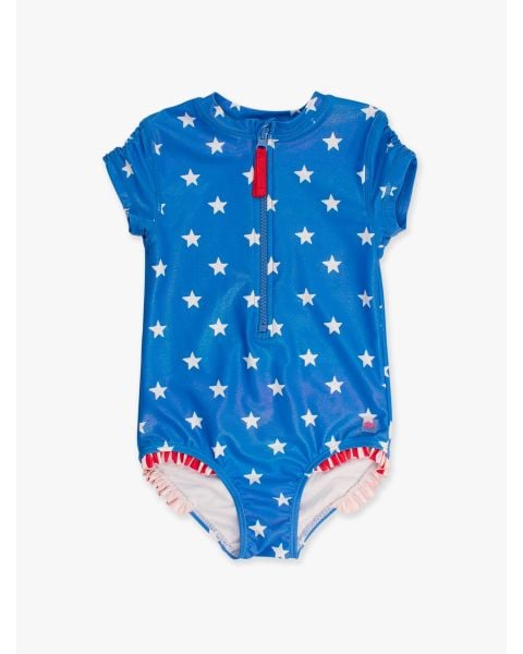 Shimmer Stars & Stripes Girls Short Sleeve One Piece Rash Guard Swimsuit