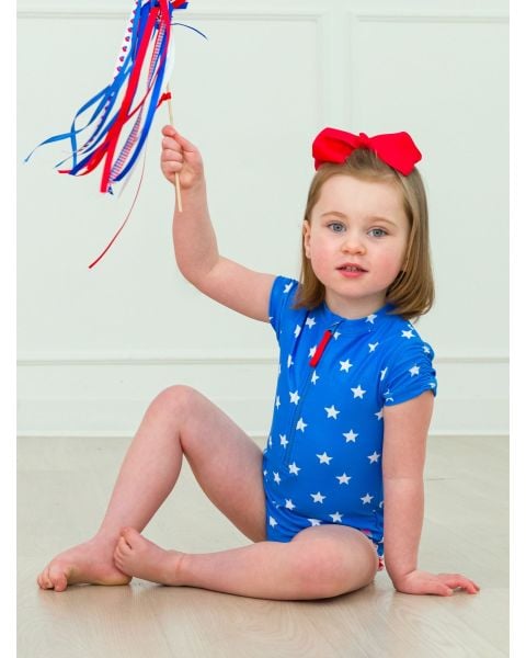 Shimmer Stars & Stripes Girls Short Sleeve One Piece Rash Guard Swimsuit