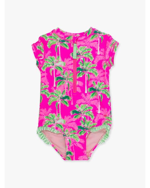Neon Palm Paradise Short Sleeve Rash Guard One Piece Swimsuit