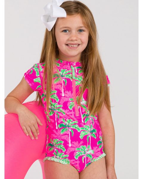 Neon Palm Paradise Short Sleeve Rash Guard One Piece Swimsuit