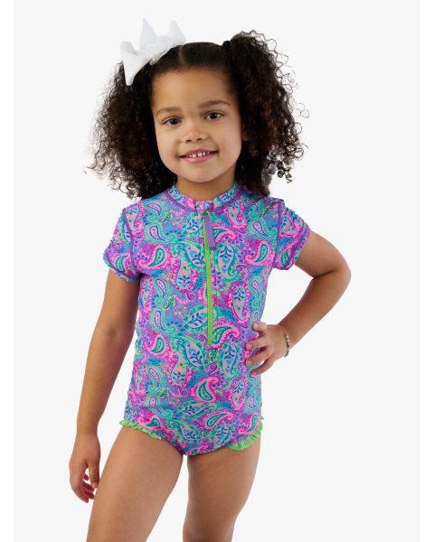 Neon Paisley Pop Short Sleeve Rash Guard One Piece Swimsuit