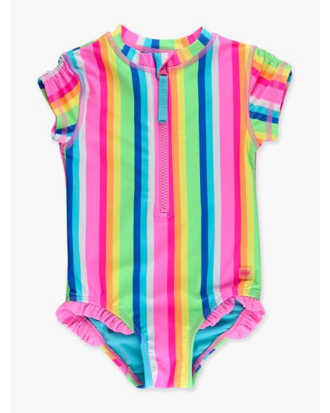 Neon Rainbow Stripe Short Sleeve Rash Guard One Piece Swimsuit