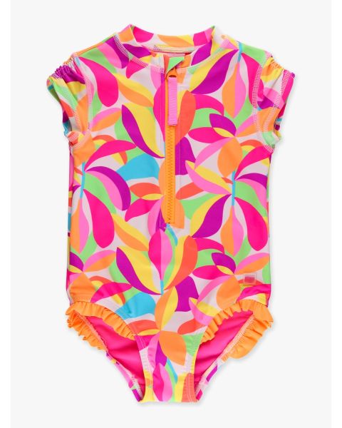 Neon Tropical Adventure Short Sleeve Rash Guard One Piece Swimsuit