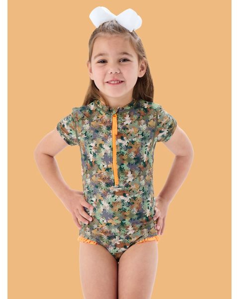 Classic Camo Short Sleeve Rash Guard One Piece Swimsuit