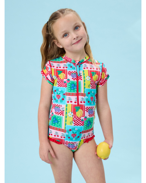Picnic Party Short Sleeve Rash Guard One Piece Swimsuit