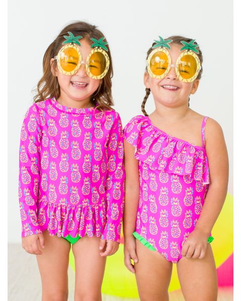 Neon Violet Pineapples One Shoulder Ruffle One Piece