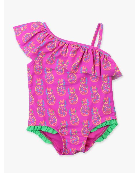 Neon Violet Pineapples One Shoulder Ruffle One Piece