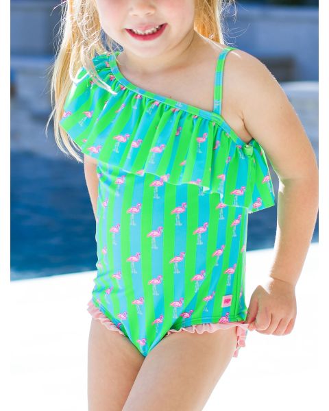 Neon Flamingo Stripe One Shoulder Ruffle One Piece