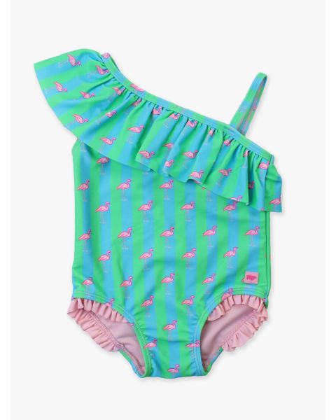 Neon Flamingo Stripe One Shoulder Ruffle One Piece