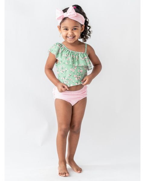 Tea Roses One Shoulder Ruffle Tankini