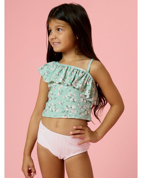 Tea Roses One Shoulder Ruffle Tankini