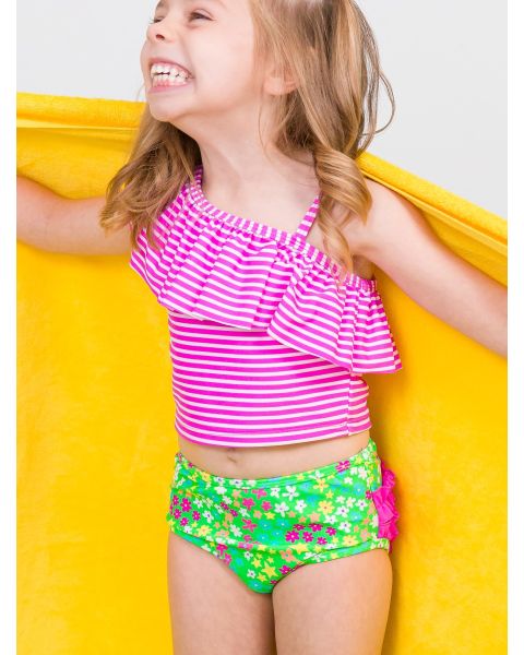 Neon Floral One Shoulder Ruffle Tankini