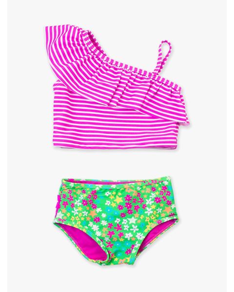 Neon Floral One Shoulder Ruffle Tankini