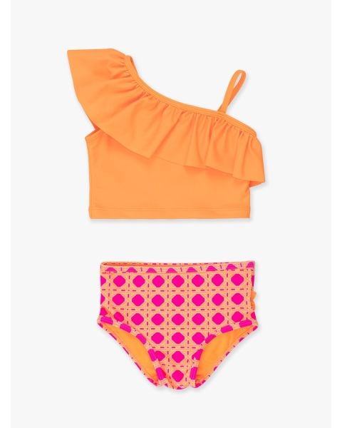 Neon Sherbet Cane One Shoulder Ruffle Tankini 2-Piece Swimsuit, with Signature Rear Ruffles