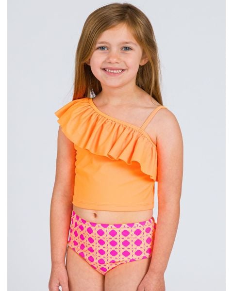 Neon Sherbet Cane One Shoulder Ruffle Tankini 2-Piece Swimsuit, with Signature Rear Ruffles