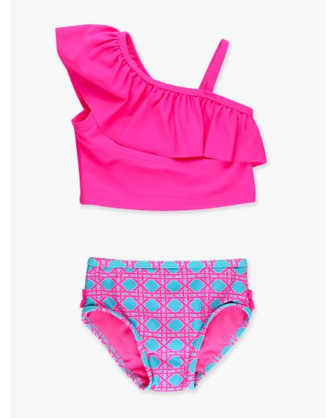 Neon Sorbet Cane One Shoulder Ruffle Tankini 2-Piece Swimsuit, with Signature Rear Ruffles