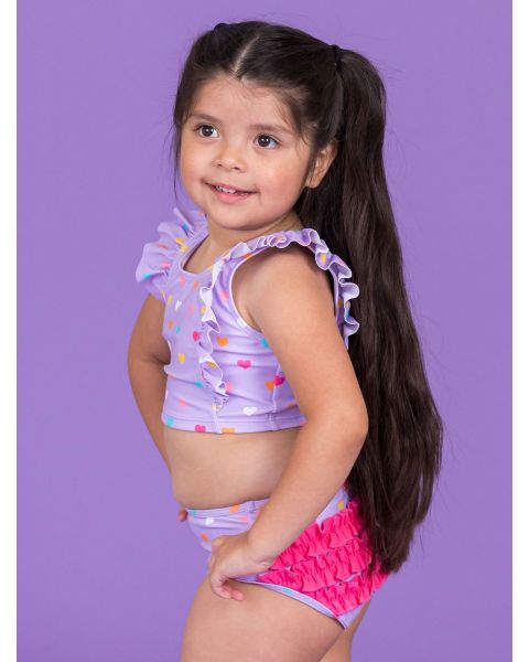 Lavender Colorful Hearts Waterfall Tankini 2-Piece Swimsuit, with Signature Rear Ruffles