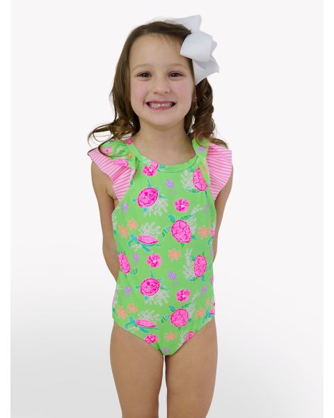 Neon Turtle Tide Bow V-Back One Piece Swimsuit