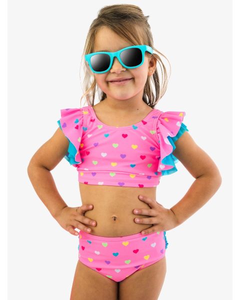 Neon Pink Colorful Hearts Butterfly Tankini 2-Piece Swimsuit, with Signature Rear Ruffles