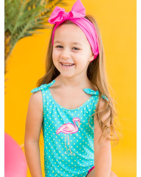 Neon Flamingo Dot Tie Shoulder One Piece