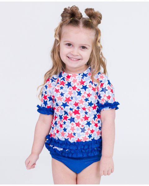Shimmer Star-Spangled Classic Short Sleeve Rash Guard Bikini Swimsuit