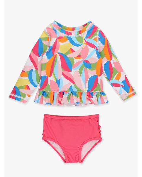 Tropical Adventure Long Sleeve Rash Guard Ruffle 2-Piece Swimsuit, with Signature Rear Ruffles