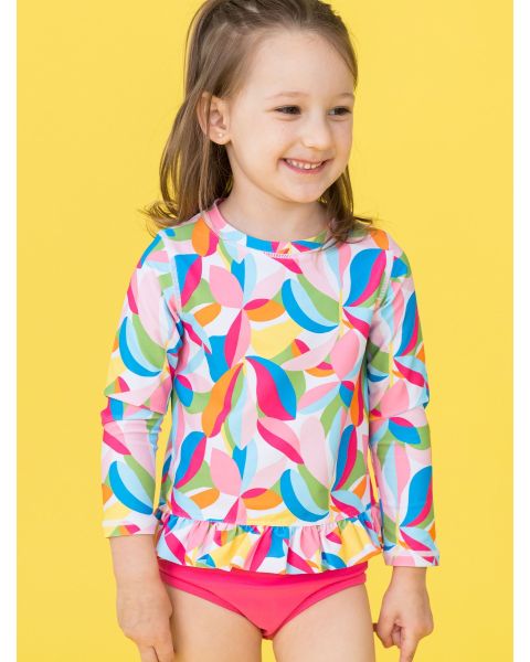 Tropical Adventure Long Sleeve Rash Guard Ruffle 2-Piece Swimsuit, with Signature Rear Ruffles