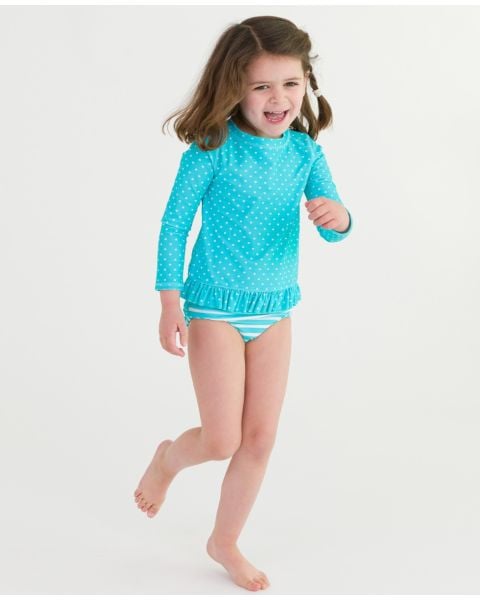 Bright Aqua Heart Polka Dot Long Sleeve Rash Guard Bikini