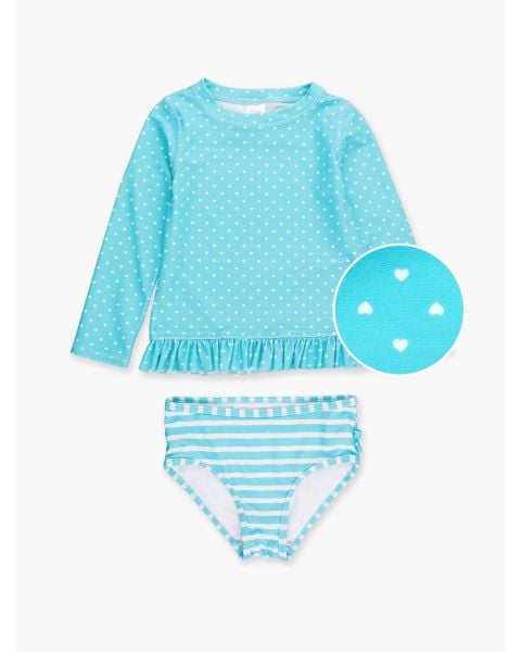 Bright Aqua Heart Polka Dot Long Sleeve Rash Guard Bikini
