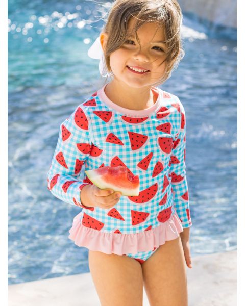 Watermelon Gingham Long Sleeve Rash Guard Bikini Swimsuit