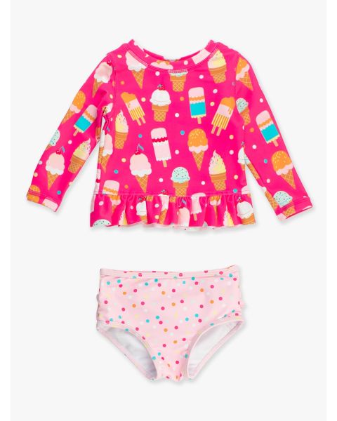 Sweet Scoops Long Sleeve Rash Guard 2-Piece Swimsuit, with Signature Rear Ruffles