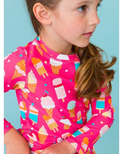 Sweet Scoops Long Sleeve Rash Guard 2-Piece Swimsuit, with Signature Rear Ruffles