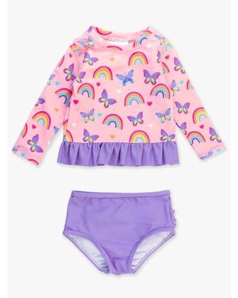 Rainbows & Butterflies Long Sleeve Rash Guard 2-Piece Swimsuit, with Signature Rear Ruffles