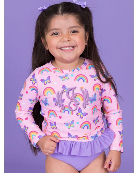 Rainbows & Butterflies Long Sleeve Rash Guard 2-Piece Swimsuit, with Signature Rear Ruffles
