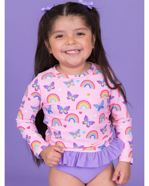Rainbows & Butterflies Long Sleeve Rash Guard 2-Piece Swimsuit, with Signature Rear Ruffles