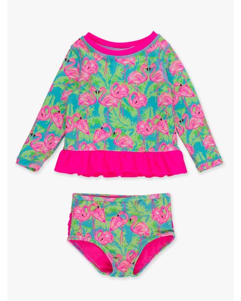 Neon Flamingo Fun Long Sleeve Rash Guard 2-Piece Swimsuit, with Signature Rear Ruffles