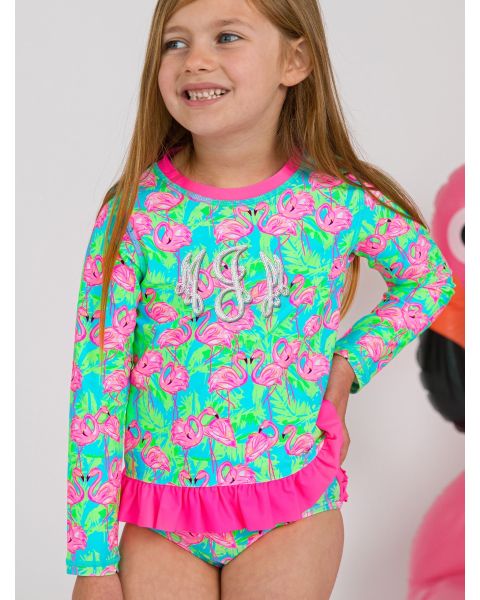 Neon Flamingo Fun Long Sleeve Rash Guard 2-Piece Swimsuit, with Signature Rear Ruffles