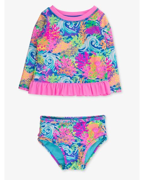 Neon Ocean Coral Long Sleeve Rash Guard 2-Piece Swimsuit, with Signature Rear Ruffles