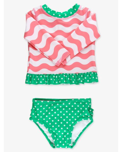 Bubblegum Pink Wavy Stripe Long Sleeve Rash Guard 2-Piece Swimsuit, with Signature Rear Ruffles