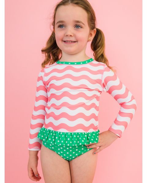 Bubblegum Pink Wavy Stripe Long Sleeve Rash Guard 2-Piece Swimsuit, with Signature Rear Ruffles